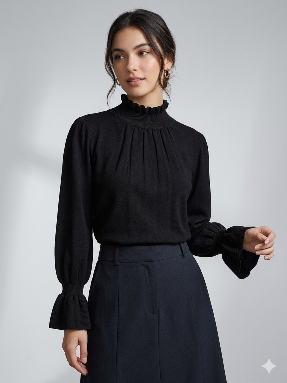 ba&sh Black Ruffled Mock-Neck Blouse